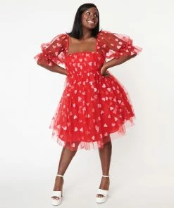 Lucinda's Red Glitter Hearts Babydoll Dress