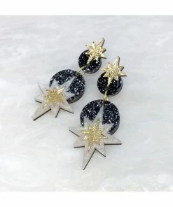 Lucinda's Black/Gold Star Deco Drop Earrings New