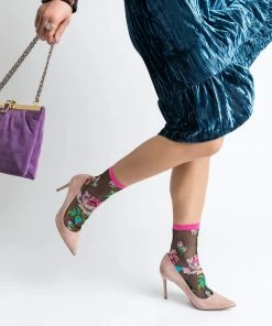 Lucinda's English Rose Black Sheer Ankle Socks New