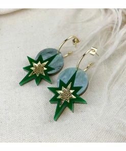 Lucinda's New Green/Gold Star Deco Hoop Earrings
