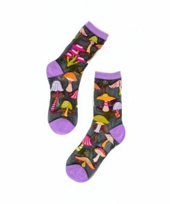 Lucinda's Magic Mushrooms Black Sheer Crew Socks New