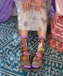 Lucinda's Magic Mushrooms Black Sheer Crew Socks New