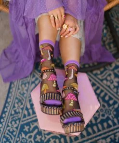 Lucinda's Magic Mushrooms Black Sheer Crew Socks New