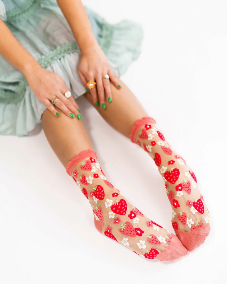 Lucinda's New Strawberry Daisy Sheer Ruffle Crew Socks 5 Lucinda's New Strawberry Daisy Sheer Ruffle Crew Socks